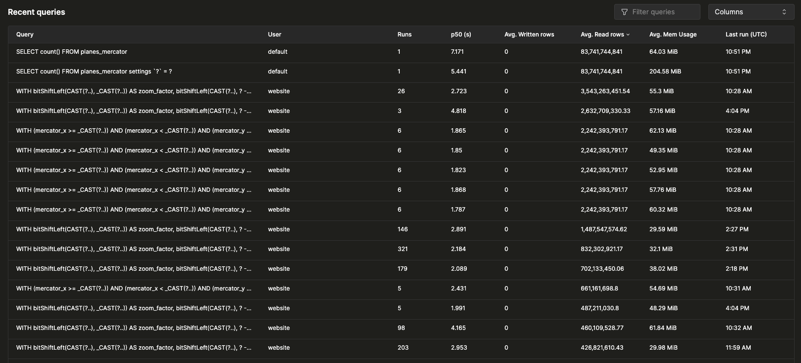 Query Insights UI Recent Queries Table - Zoomed